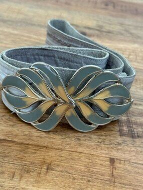 Vintage 1980s Eel Skin Belt Grey Gold Enamel Adjustable Buckle Silver Glam Wide
